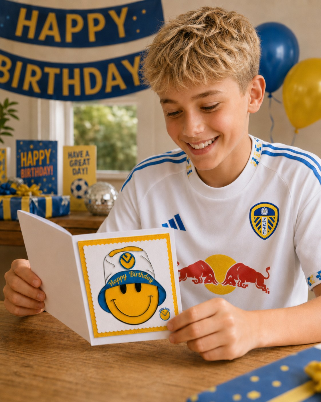 Dirty Leeds® Yellow Smiley Bucket Hat Happy Birthday Card – product image.