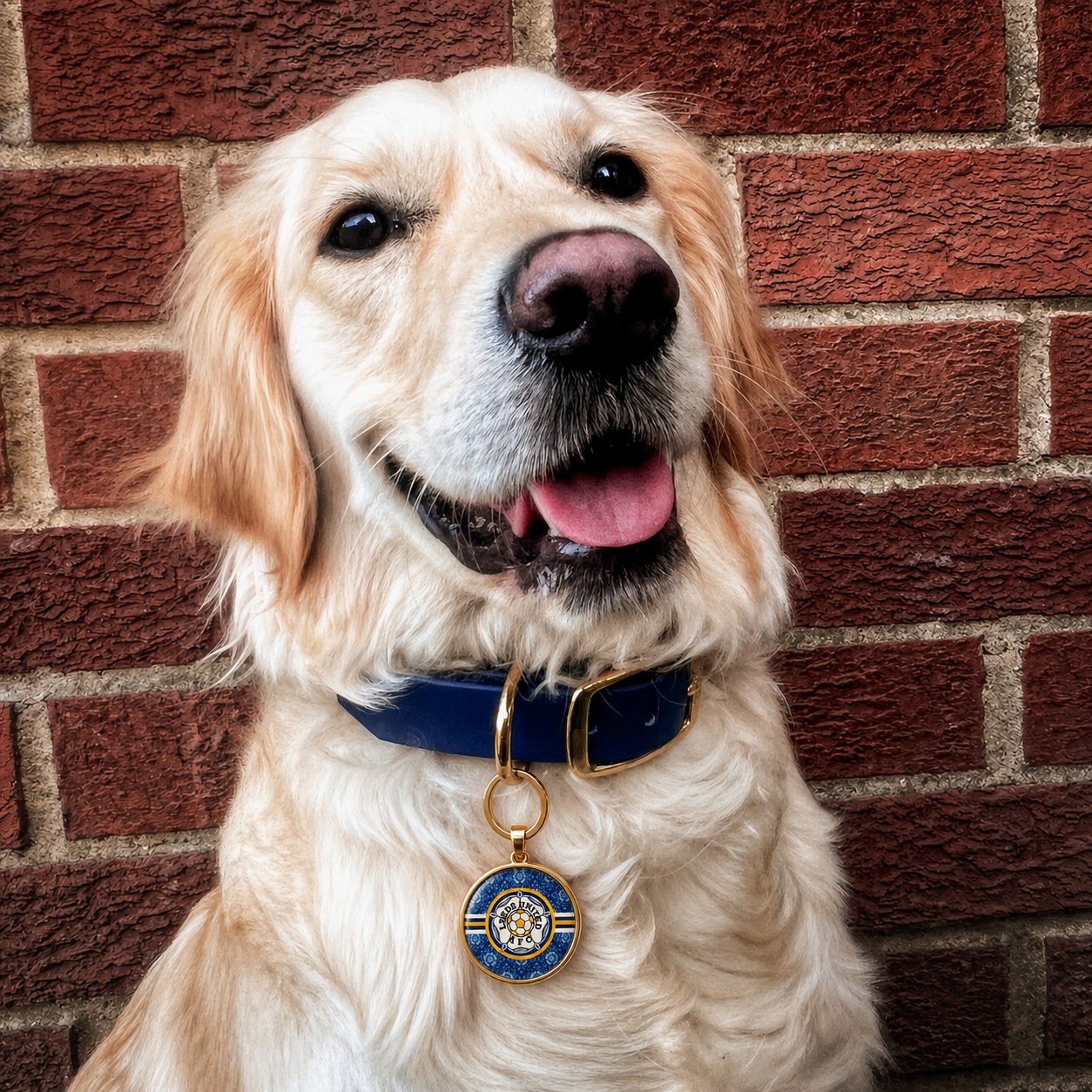 Blue Leeds rose keyring worn on a navy dog collar.