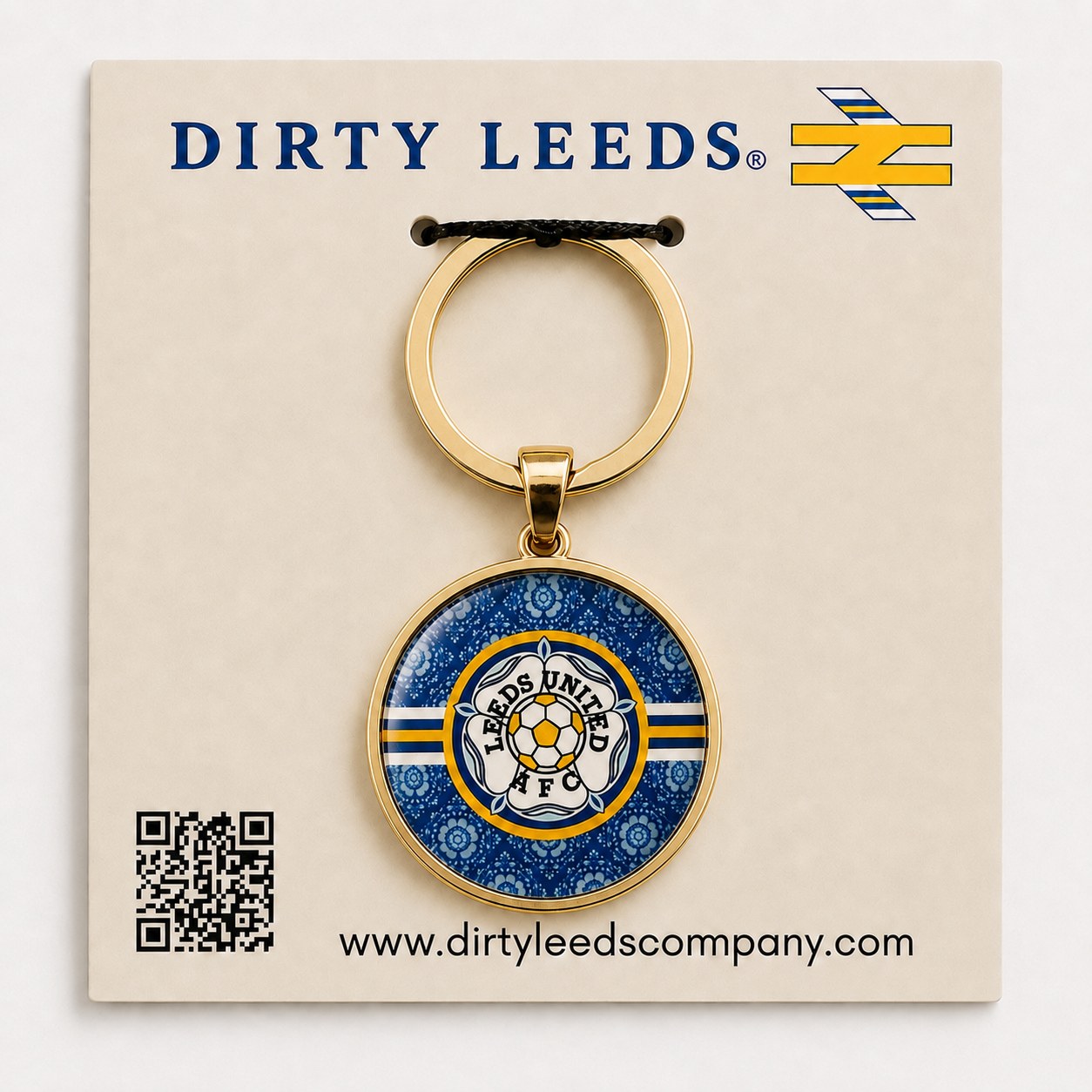 Dirty Leeds® Blue Leeds Rose Badge Keyring with gold-tone hardware on a Dirty Leeds backing card.