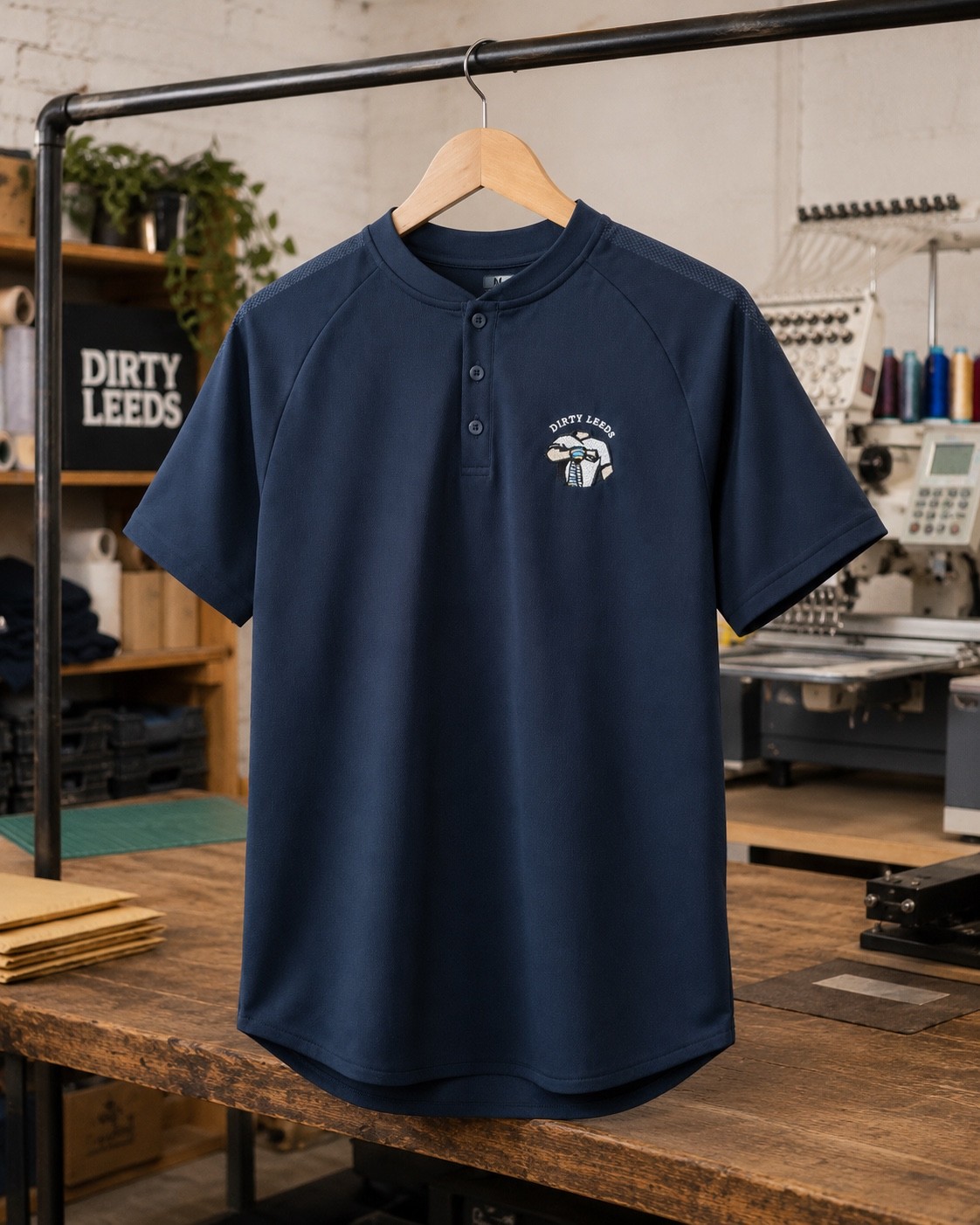 Dirty Leeds® Keep Fighting Salute Logo Navy Grandad Shirt – workshop setting.