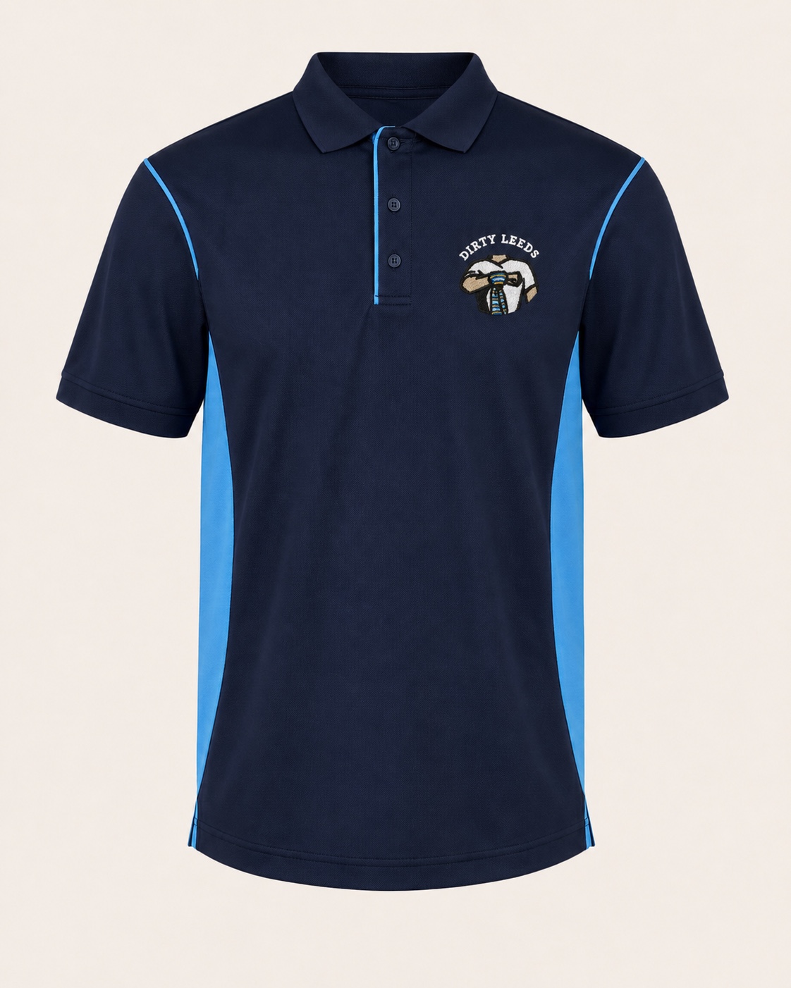 Front view of the Dirty Leeds® Navy / Light Blue Polo Shirt with light blue trim, side panels and embroidered chest logo.