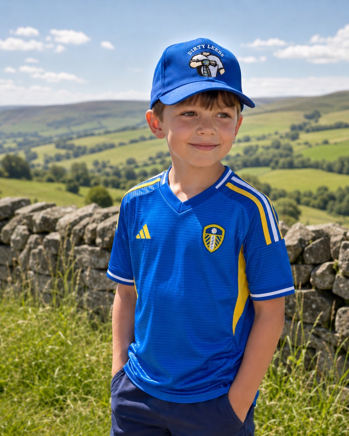 Young Leeds fan wearing the blue Dirty Leeds® Original Logo Junior Baseball Cap in the Yorkshire countryside.