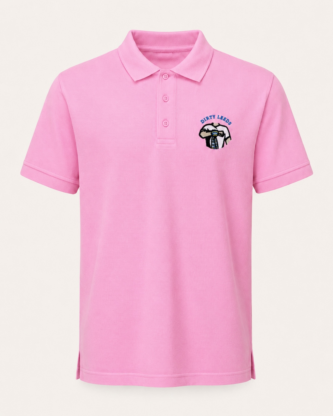 Front view of the Dirty Leeds® Pink Embroidered Polo Shirt with chest embroidery.