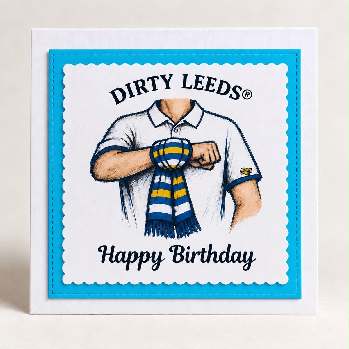 Dirty Leeds® Salute Logo Happy Birthday Card with a blue border.