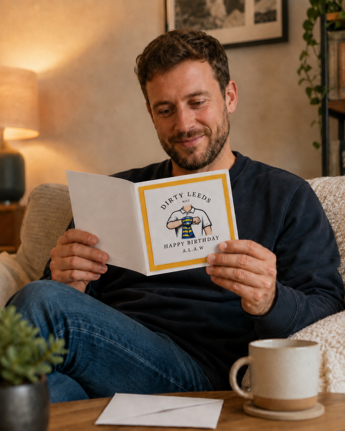 Dirty Leeds® Salute Logo Happy Birthday Card – lifestyle image.
