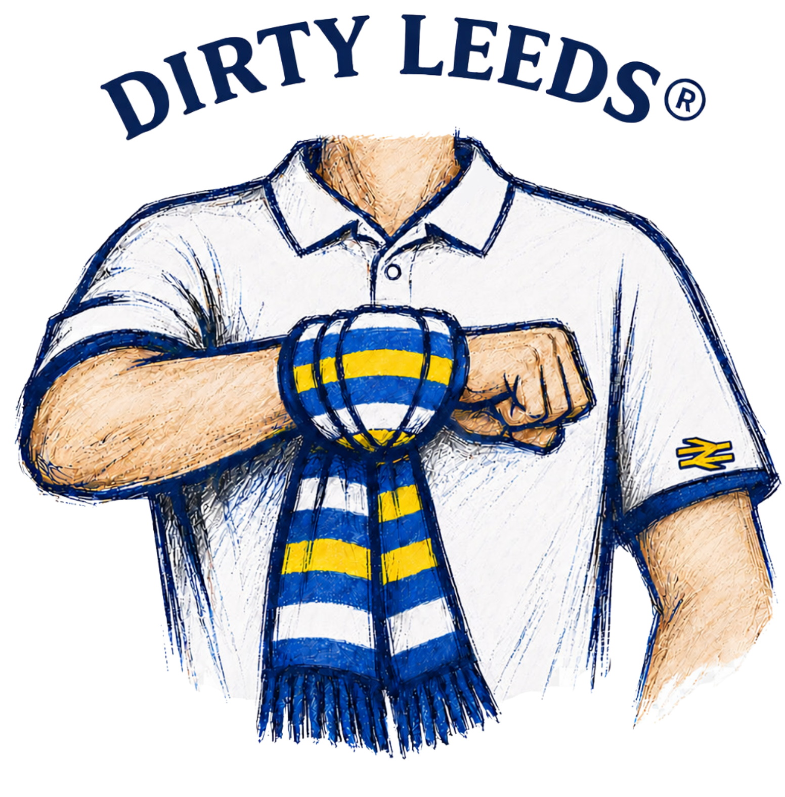 Dirty Leeds® logo showing a supporter with a scarf around his wrist giving the Leeds salute.