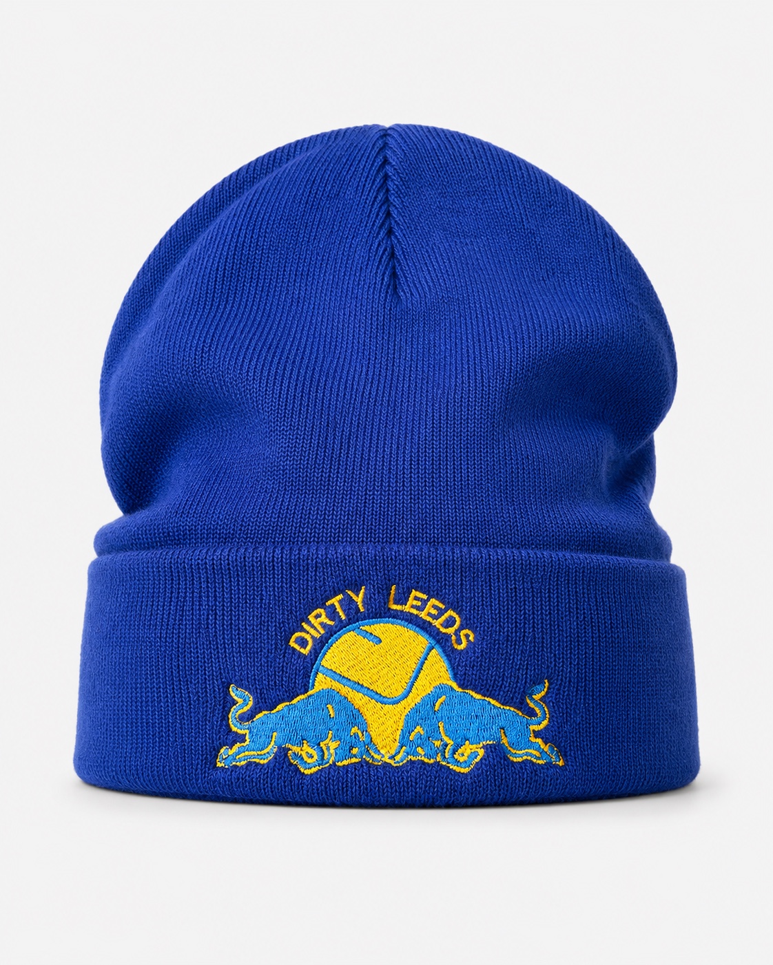Front view of the blue Dirty Leeds® Smiley Red Bull Emblem Beanie Hat with embroidered cuff detail.
