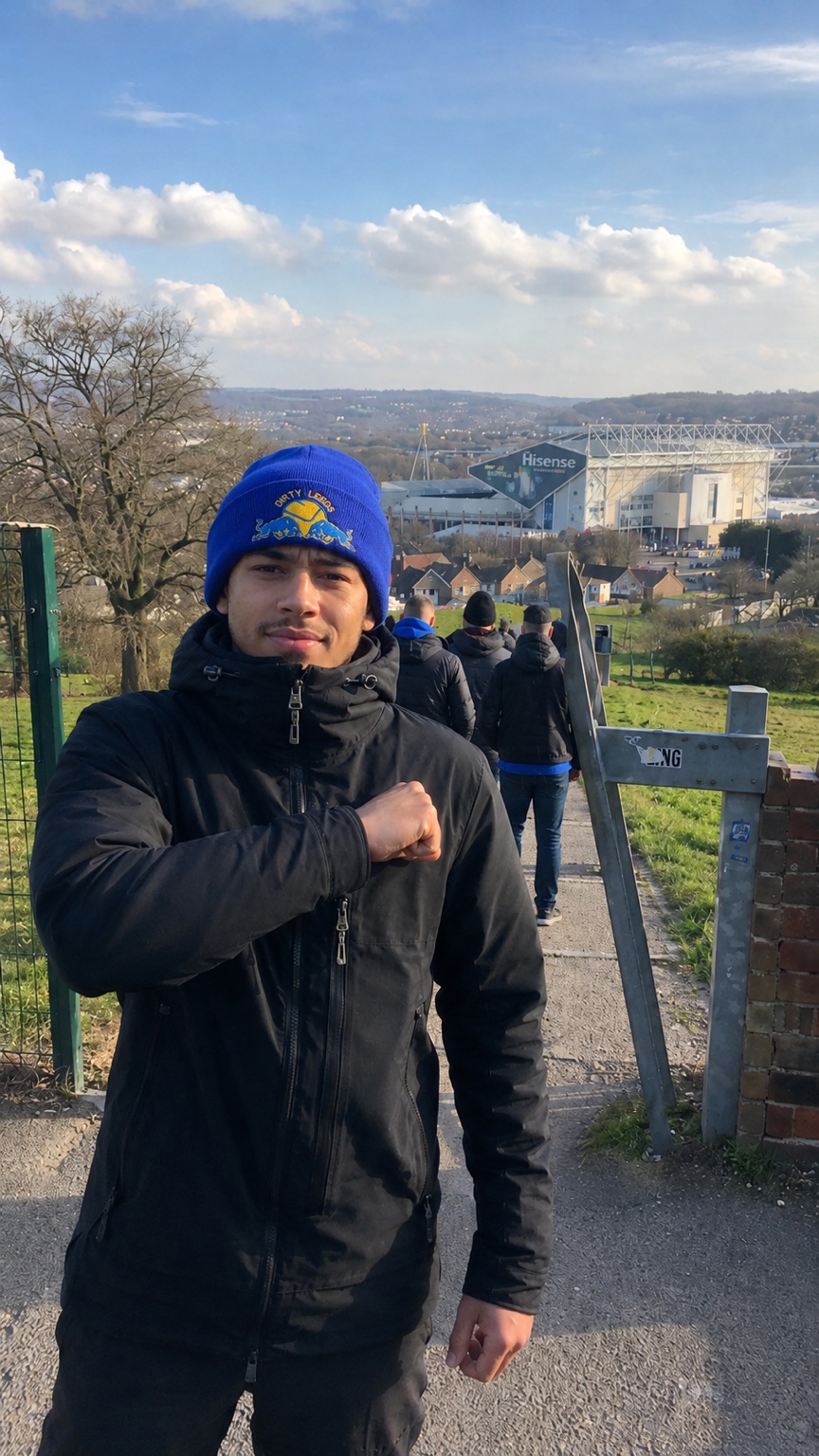 Dirty Leeds® Smiley Red Bull Emblem Blue Beanie Hat – lifestyle image.