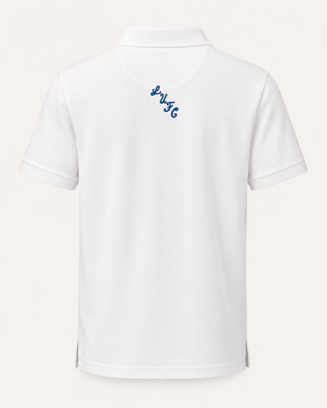 Dirty Leeds® White Embroidered Polo Shirt – back view.