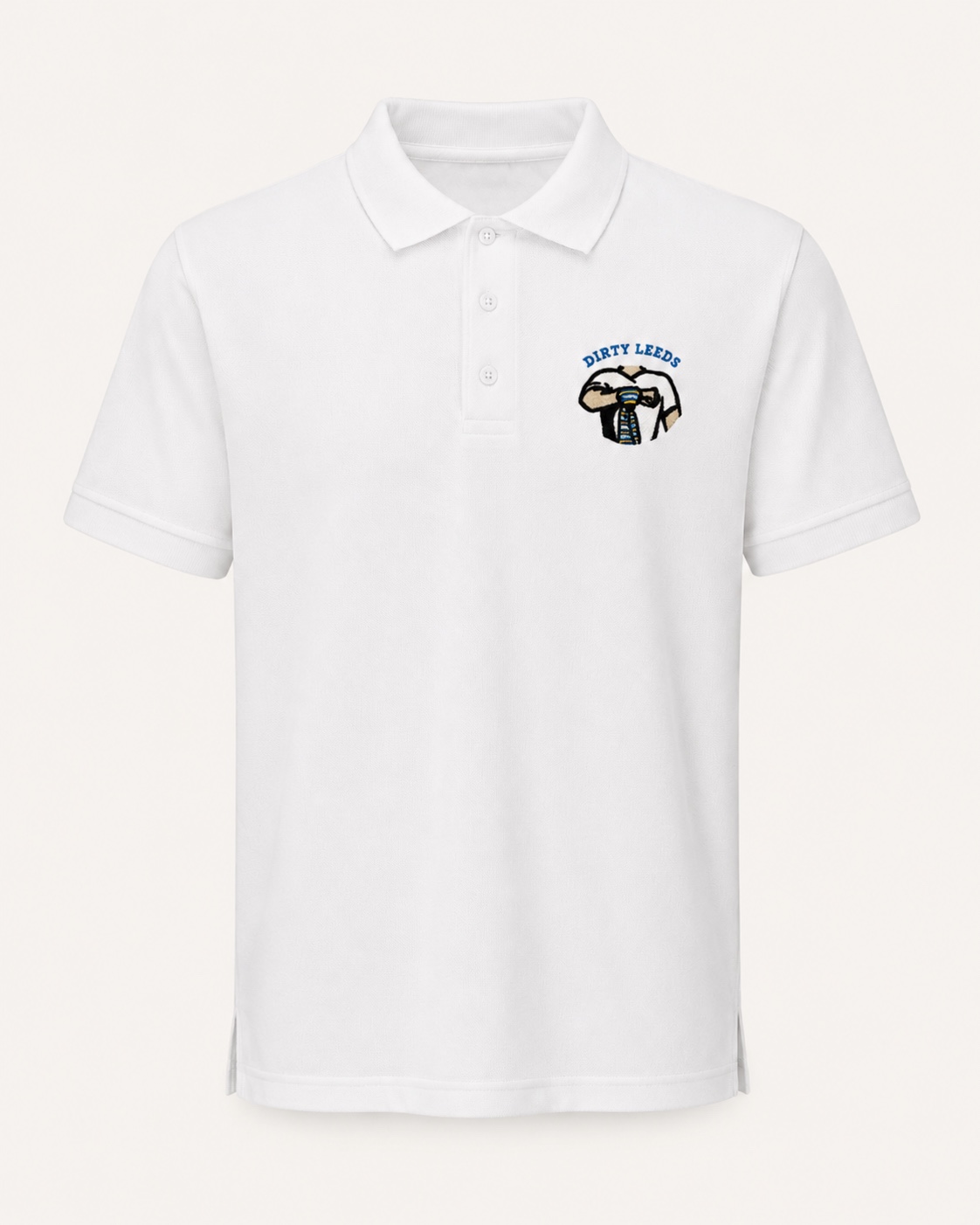 Front view of the Dirty Leeds® White Embroidered Polo Shirt with chest embroidery.