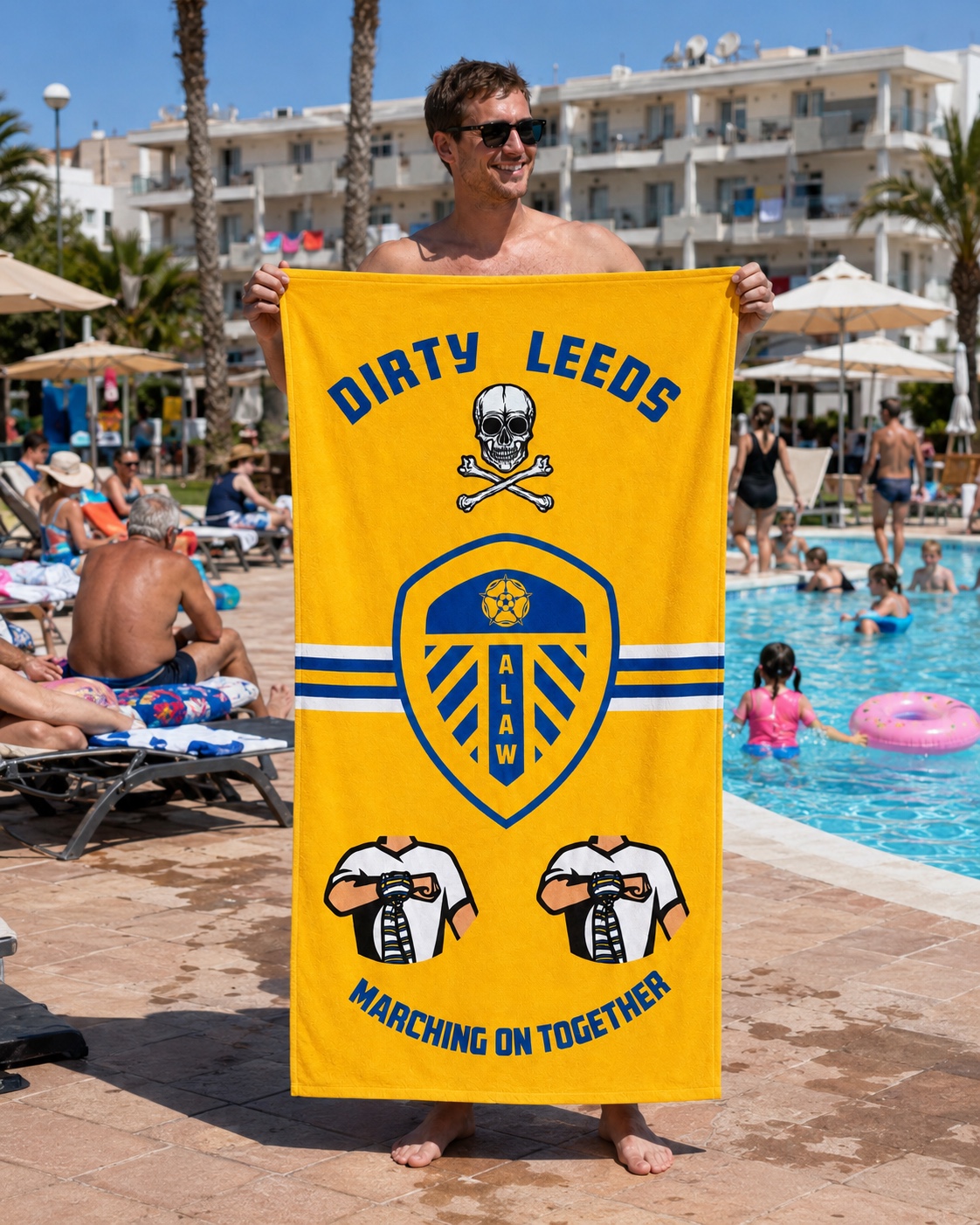 Yellow Dirty Leeds® Beach Towel – held up outdoors.