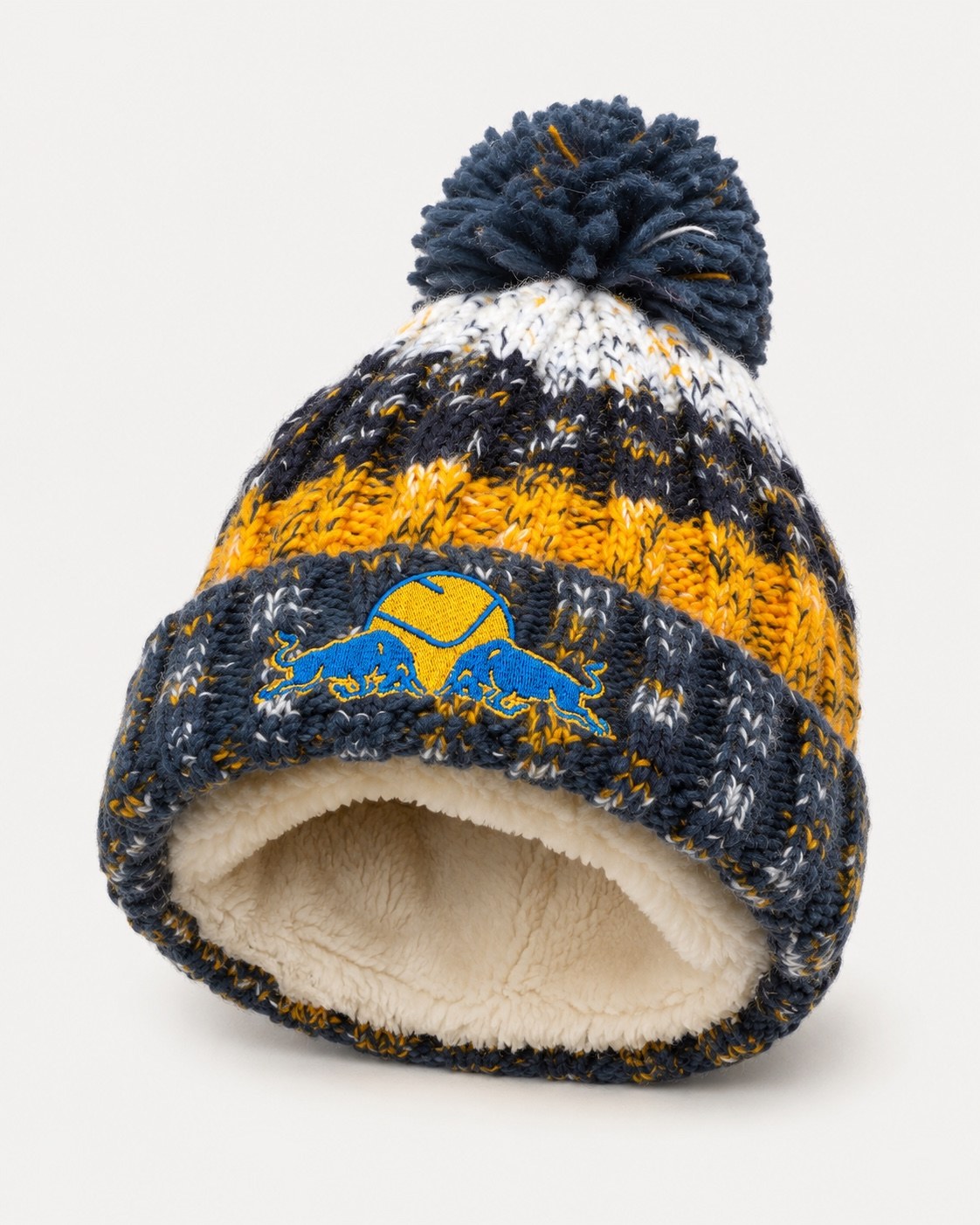 Dirty Leeds® Smiley Red Bull Emblem Speckled Bobble Hat – fleece lining detail.
